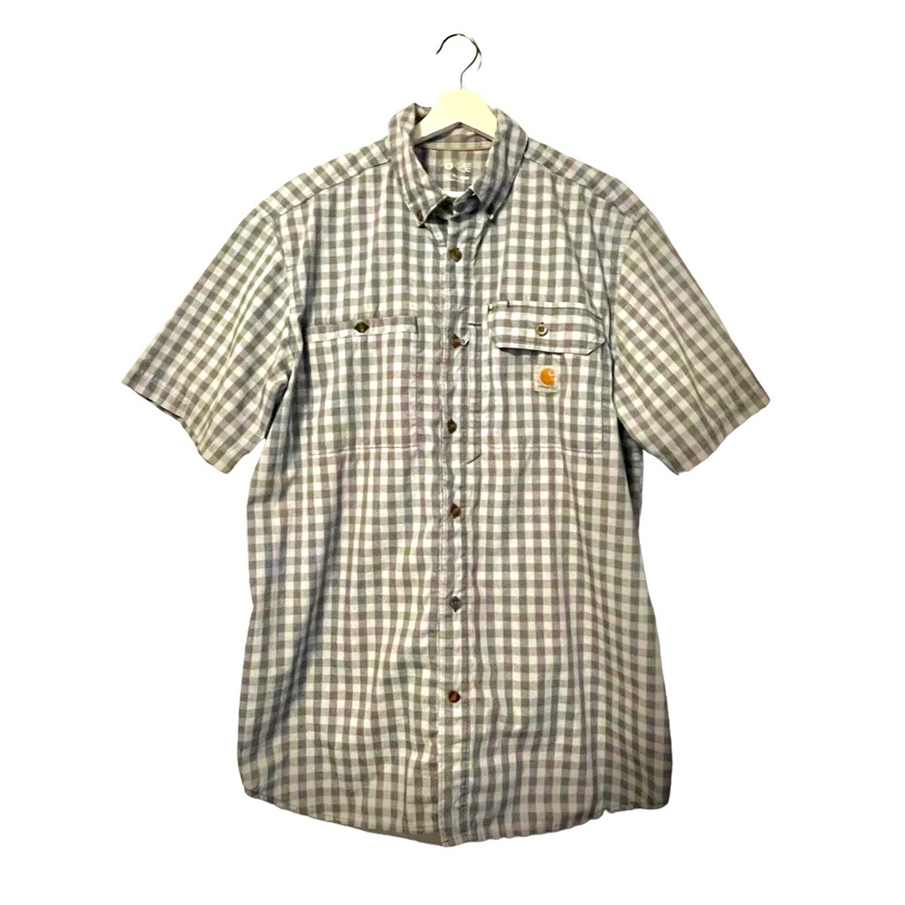 Carhartt Button Down Shirt Write/Gray Men’s Size Large Logo on Front Pocket